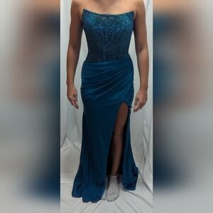 Strapless Teal Beaded Prom Gown with Side Slit